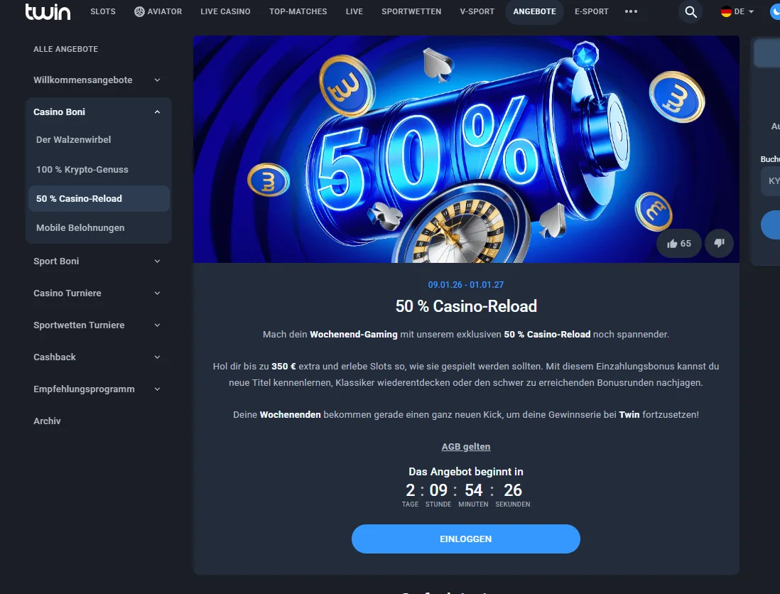Casino Einzahlungsboni bei Twin für Slot Spieler